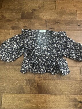 Navy Floral Ruffle Peplum Blouse